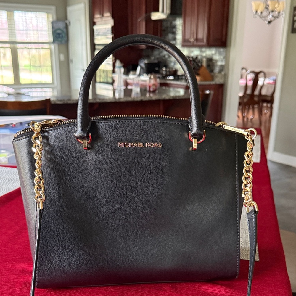 Michael Kors Black Leather Purse  with Gold Chain Accents